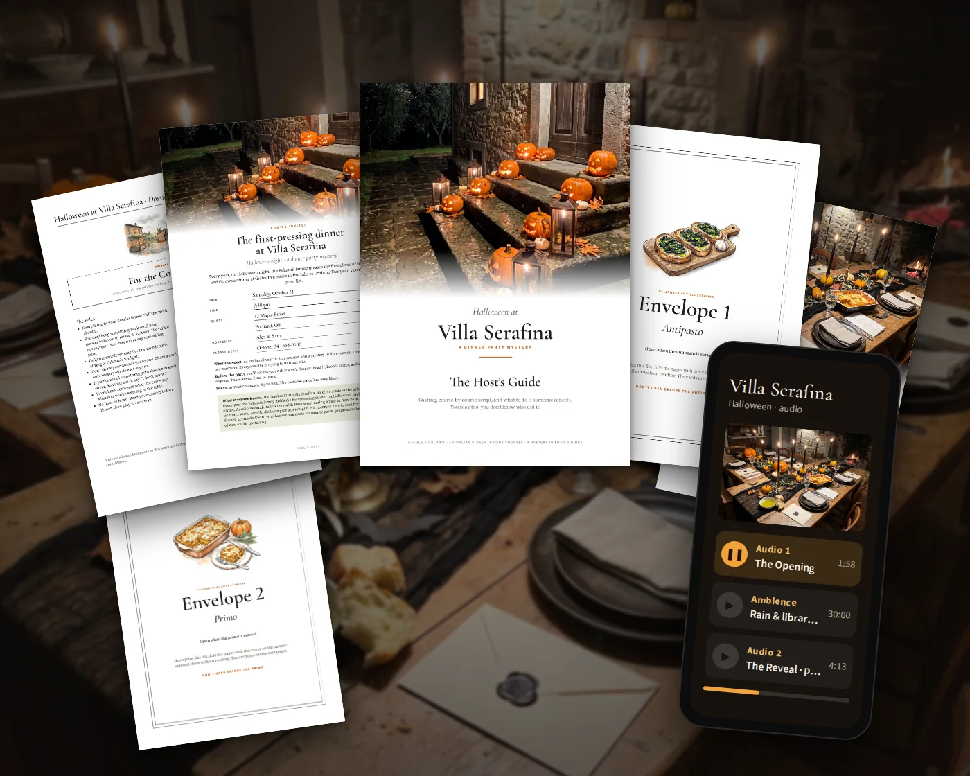 Real Villa Serafina kit pages and audio on a phone on a candlelit table