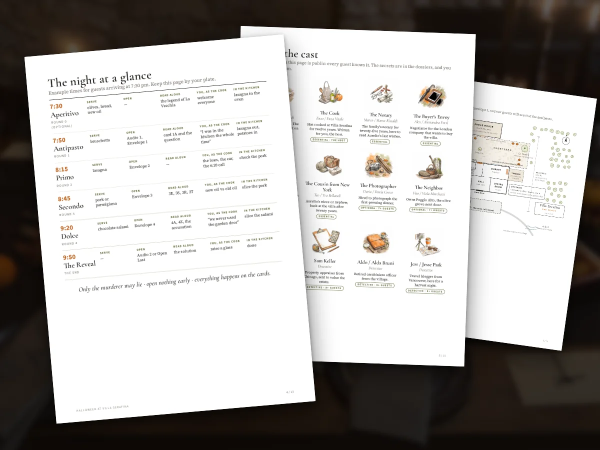 The whole evening on one page — real pages from the kit